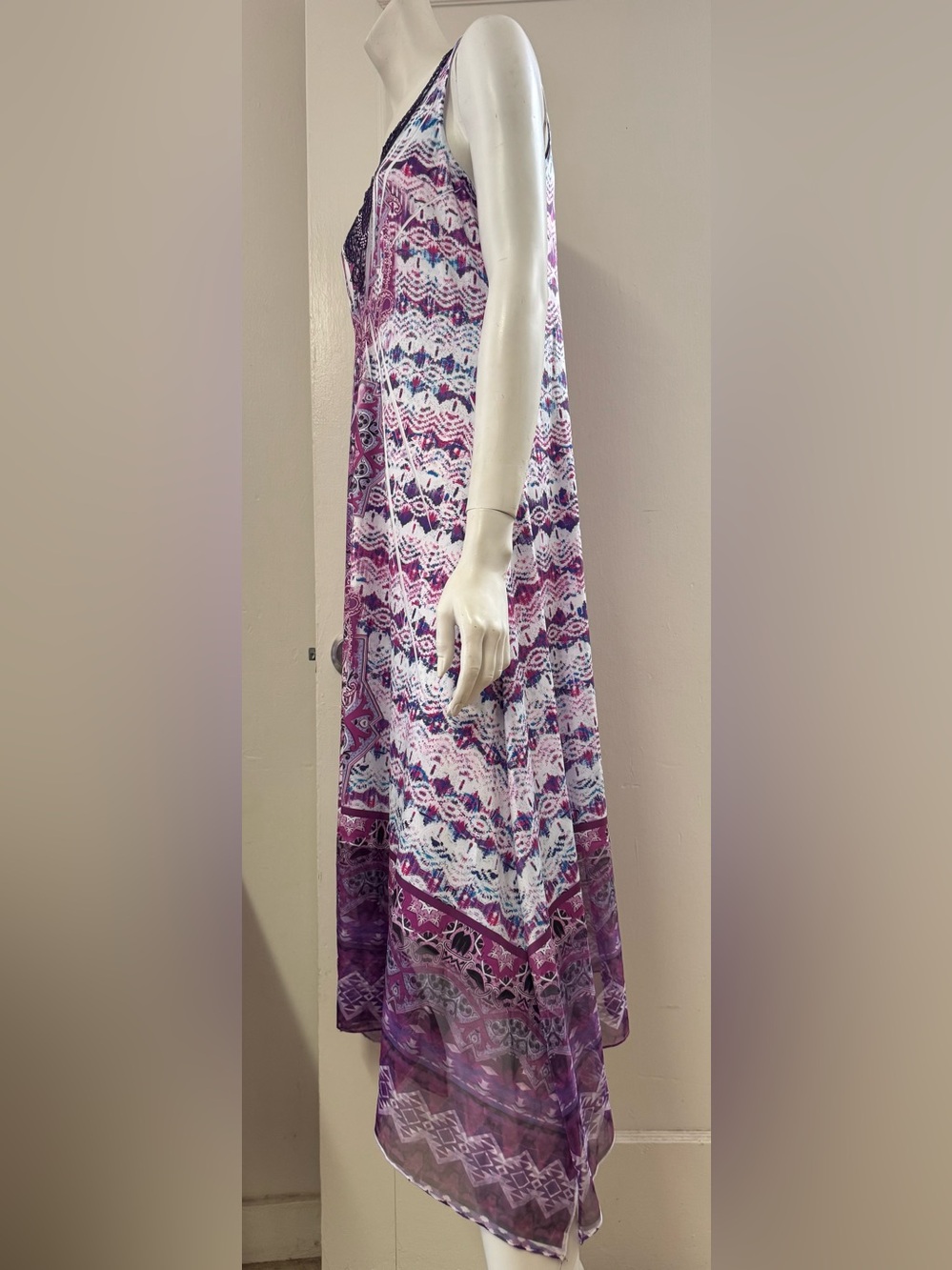 One World sleeveless Purple Midi dress embellished crochet handkerchief hem Sz M - Picture 2 of 14